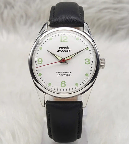 HMT Pilot White Dial Watch - 17 Jewels Handwinding Timepiece