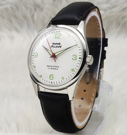HMT Pilot White Dial Watch - 17 Jewels Handwinding Timepiece