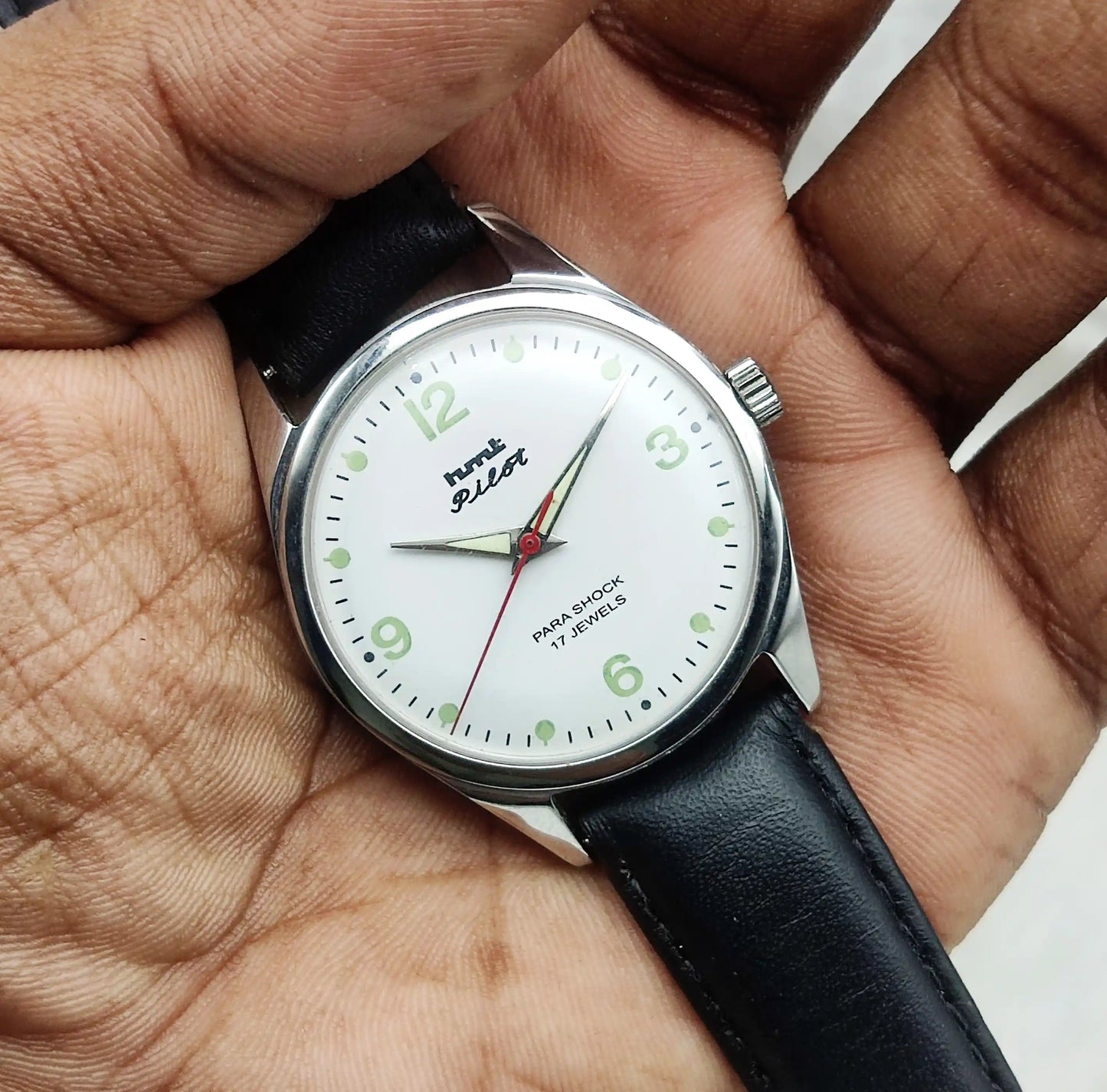 HMT Pilot White Dial Watch - 17 Jewels Handwinding Timepiece