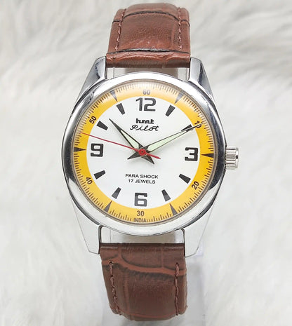 HMT Pilot White Dial With Sun yellow Circle Dial - English Numerals, 17 Jewels, Handwinding
