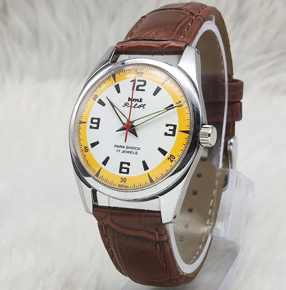HMT Pilot White Dial With Sun yellow Circle Dial - English Numerals, 17 Jewels, Handwinding