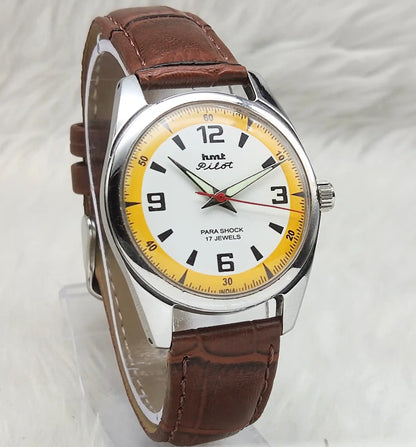 HMT Pilot White Dial With Sun yellow Circle Dial - English Numerals, 17 Jewels, Handwinding