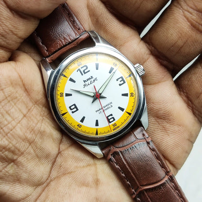HMT Pilot White Dial With Sun yellow Circle Dial - English Numerals, 17 Jewels, Handwinding