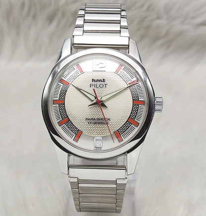 HMT Pilot White Textured Dial 17 Jewels Hand-Winding Watch for Men