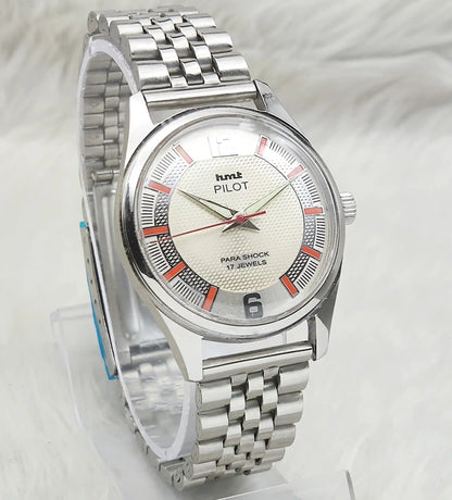 HMT Pilot White Textured Dial 17 Jewels Hand-Winding Watch for Men