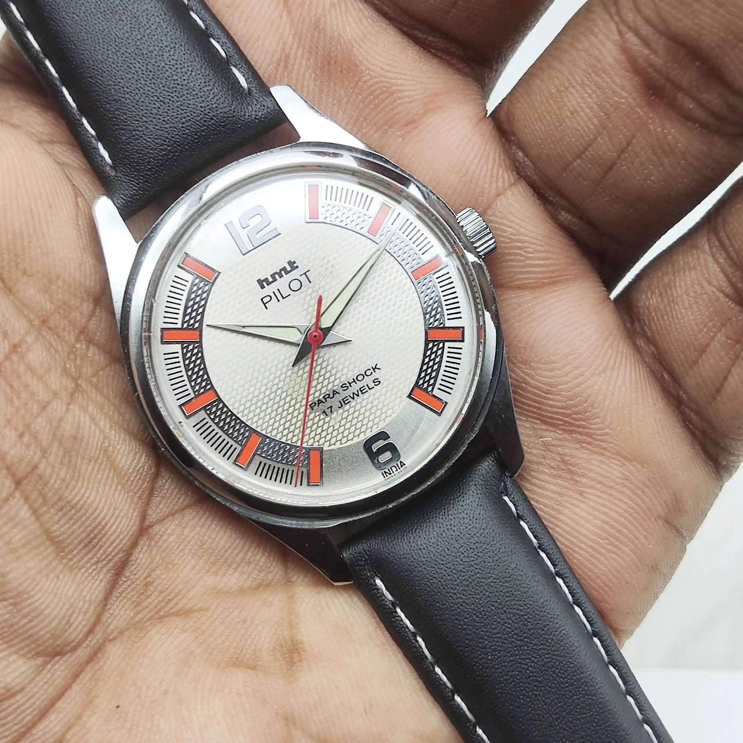 HMT Pilot White Textured Dial 17 Jewels Hand-Winding Mechanical Watch for Men