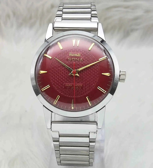 HMT Sona Handwinding 17 Jewels Maroon Dial Watch