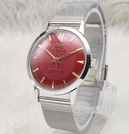 HMT Sona Handwinding 17 Jewels Maroon Dial Watch