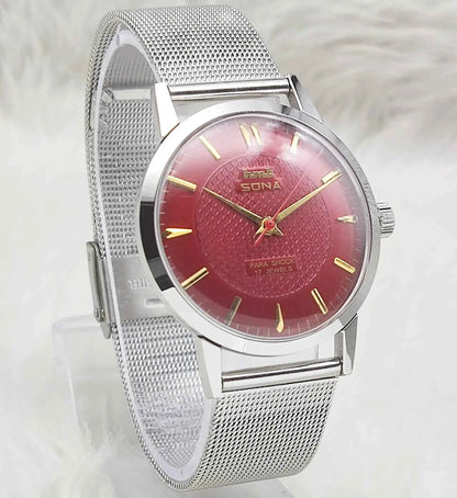 HMT Sona Handwinding 17 Jewels Maroon Dial Watch