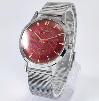 HMT Sona Para Shock 17 Jewels Maroon Dial Handwinding - Discover-Diamonds
