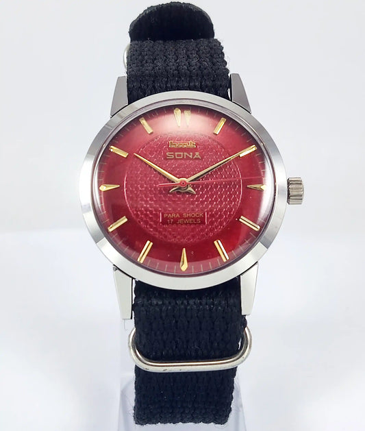 HMT Sona Para Shock 17 Jewels Maroon Dial Mechanical Handwinding 0231 - Discover-Diamonds