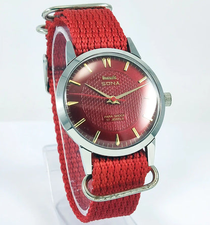 HMT Sona Para Shock 17 Jewels Maroon Dial Mechanical Handwinding 0231 - Discover-Diamonds