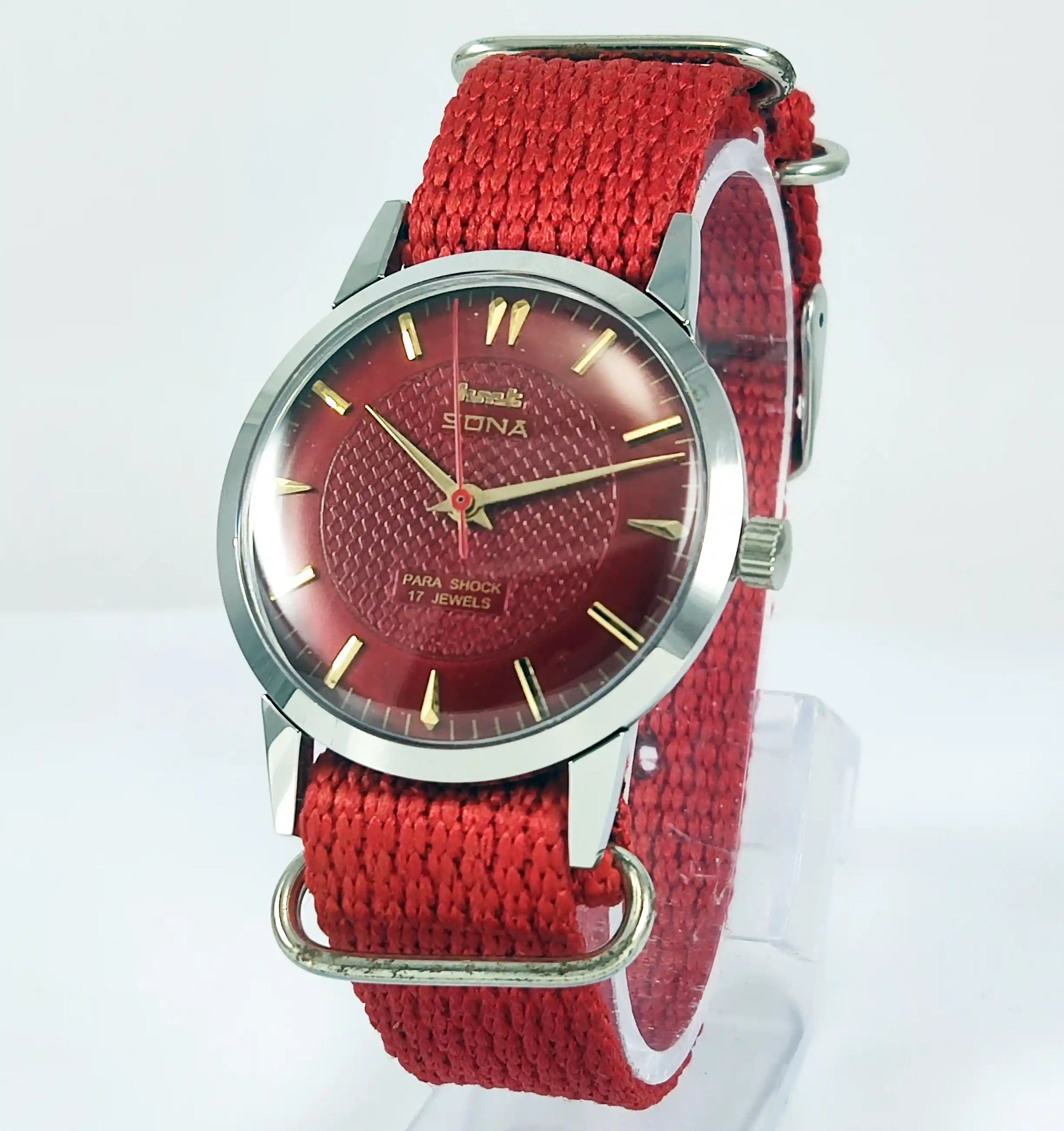 HMT Sona Para Shock 17 Jewels Maroon Dial Mechanical Handwinding 0231 - Discover-Diamonds