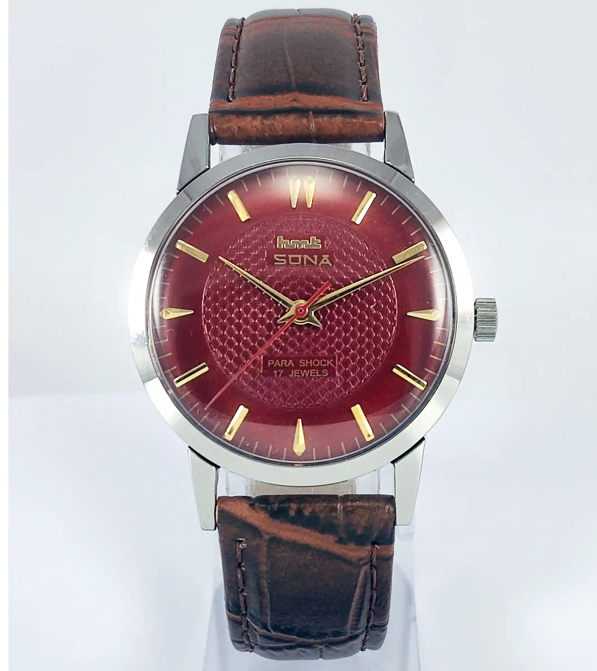 HMT Sona Para Shock 17 Jewels Maroon Dial Mechanical Handwinding Watch 0231 - Discover-Diamonds