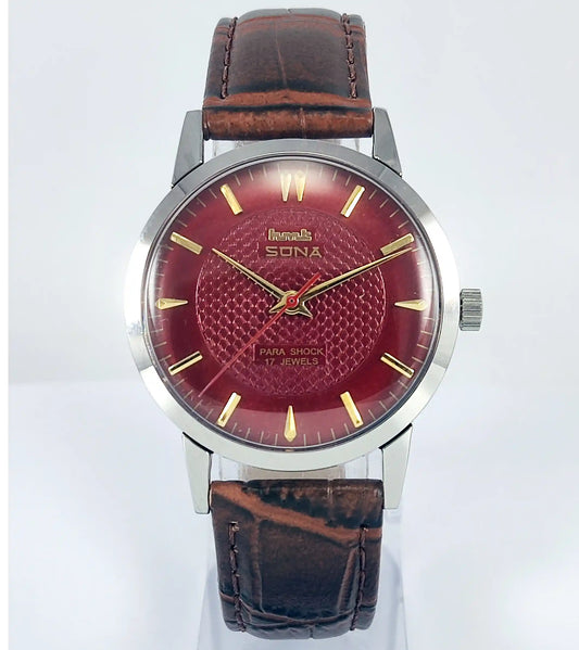 HMT Sona Para Shock 17 Jewels Maroon Dial Mechanical Handwinding Watch 0231 - Discover-Diamonds