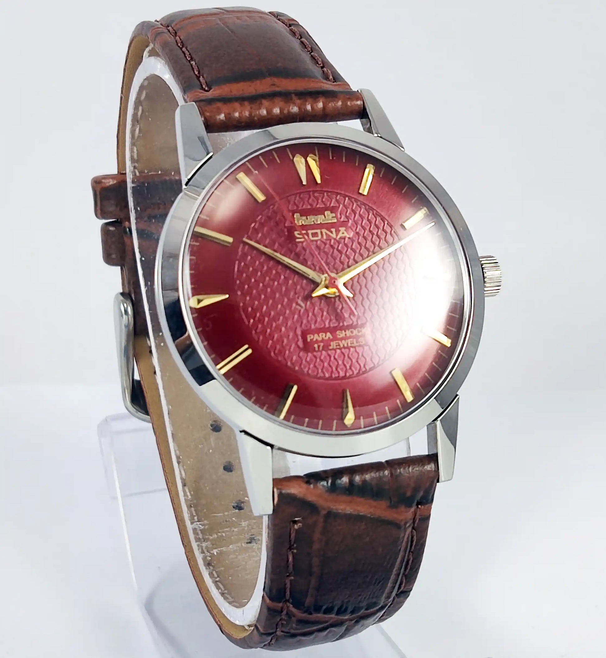 HMT Sona Para Shock 17 Jewels Maroon Dial Mechanical Handwinding Watch 0231 - Discover-Diamonds