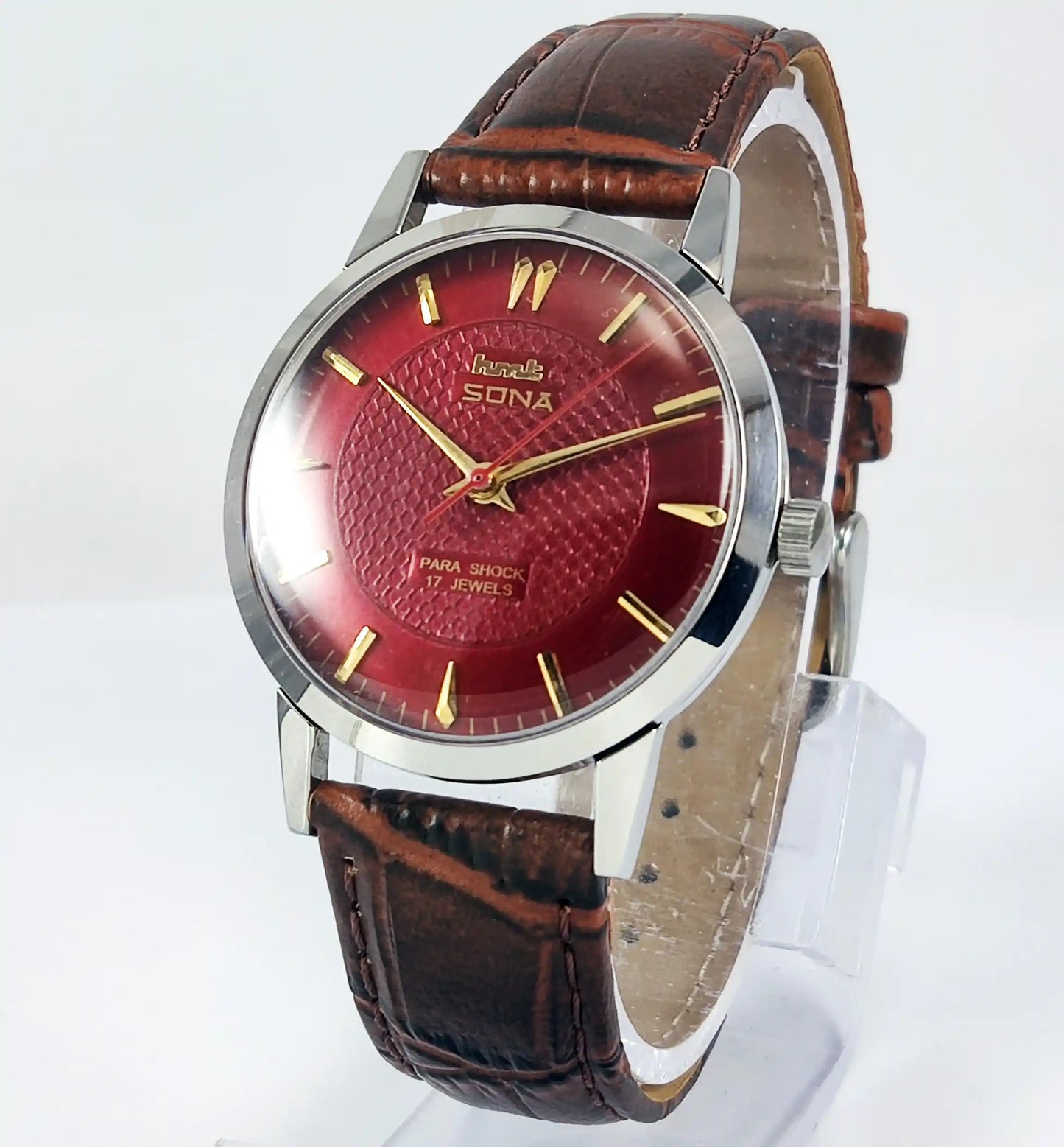 HMT Sona Para Shock 17 Jewels Maroon Dial Mechanical Handwinding Watch 0231 - Discover-Diamonds