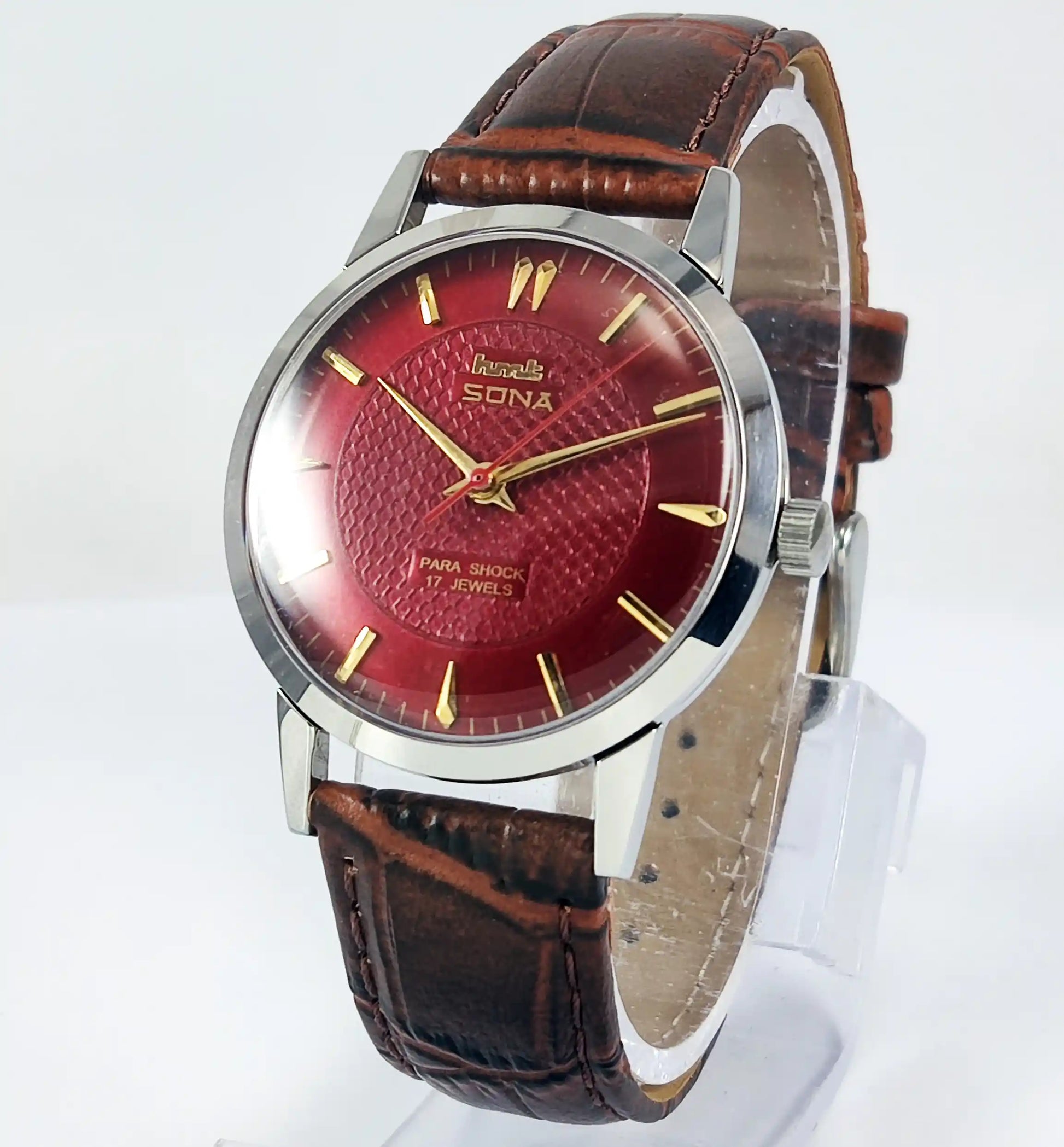 HMT Sona Para Shock 17 Jewels Maroon Dial Mechanical Handwinding Watch 0231 - Discover-Diamonds
