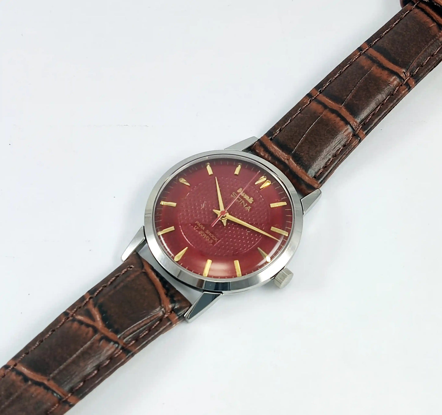 HMT Sona Para Shock 17 Jewels Maroon Dial Mechanical Handwinding Watch 0231 - Discover-Diamonds