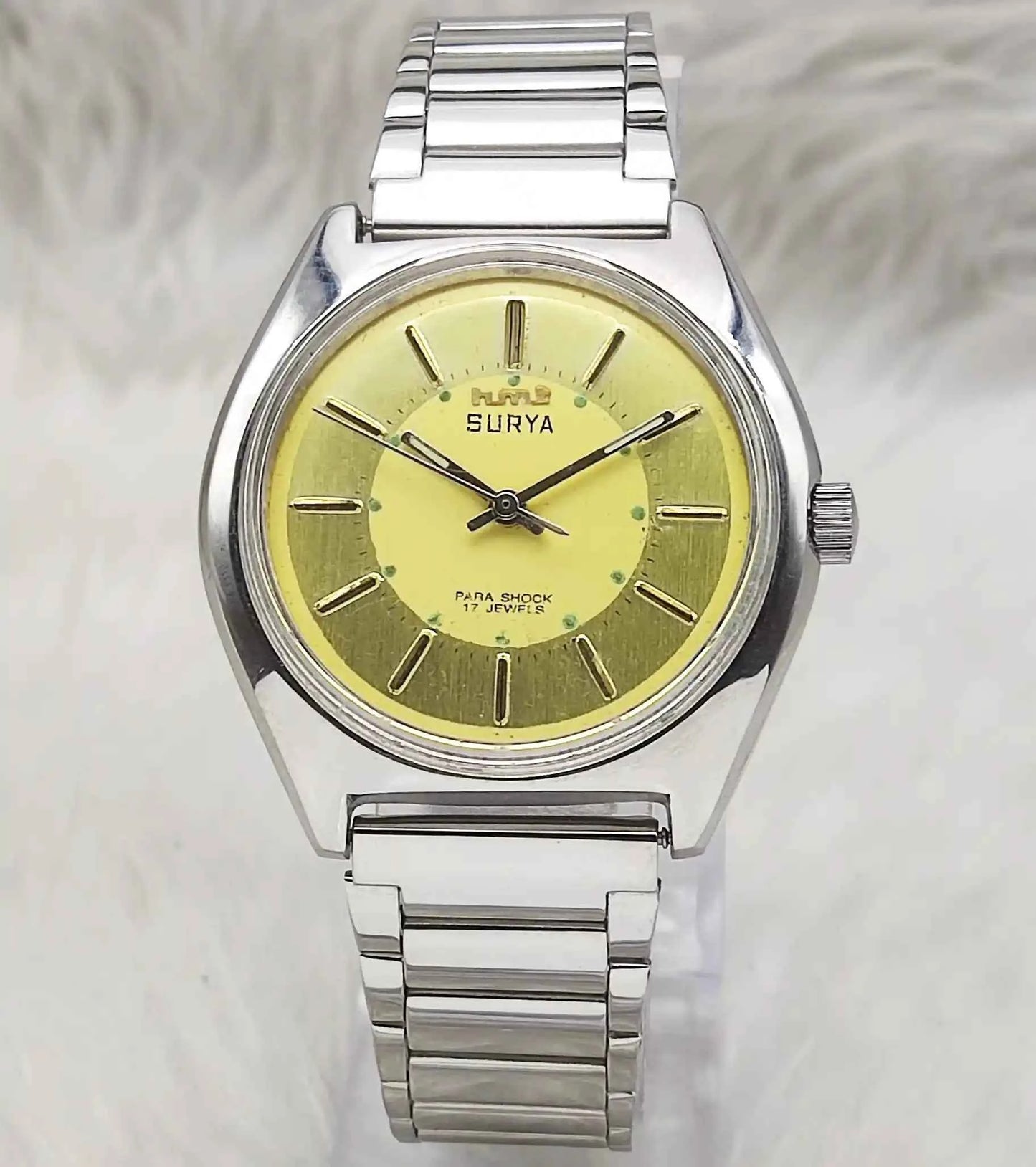HMT Surya Men's Watch - 17 Jewels with Sun Yellow Dial and Stick Indices