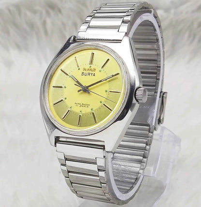 HMT Surya Men's Watch - 17 Jewels with Sun Yellow Dial and Stick Indices
