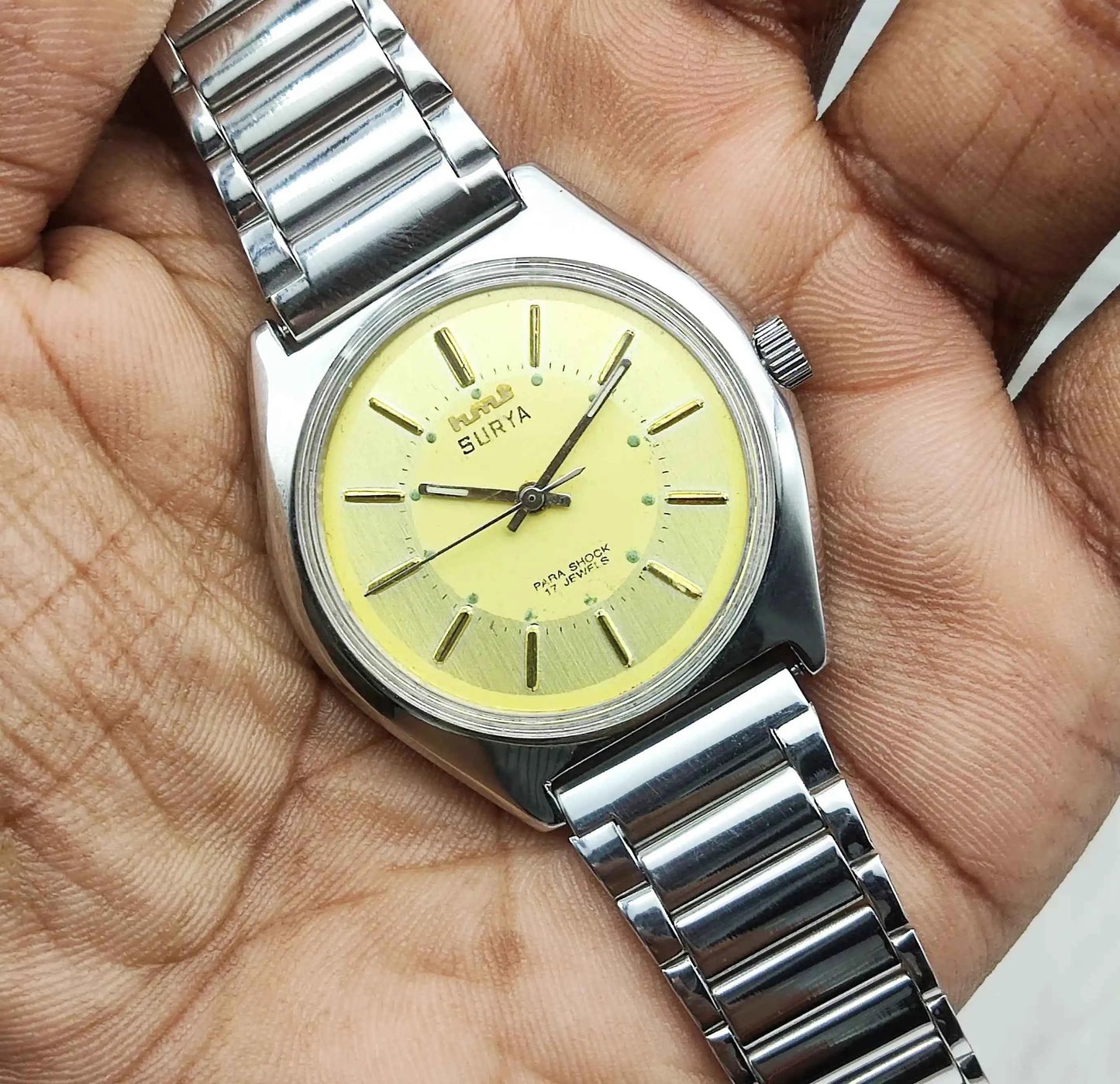 HMT Surya Men's Watch - 17 Jewels with Sun Yellow Dial and Stick Indices