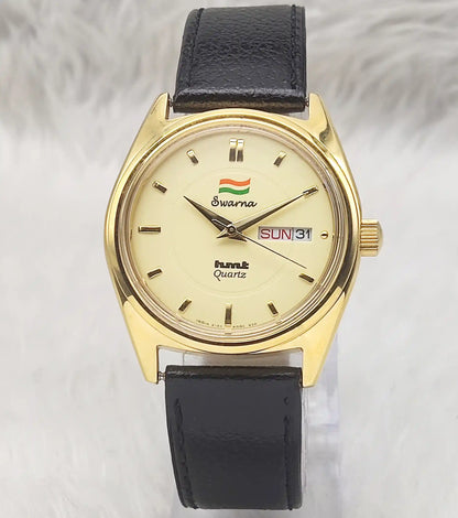 HMT Swarna Day Date Watch - Experience Timeless Elegance with a Goldenish Dial