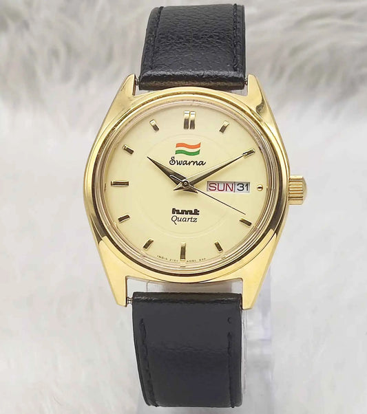HMT Swarna Quartz Day Date Goldenish Dial