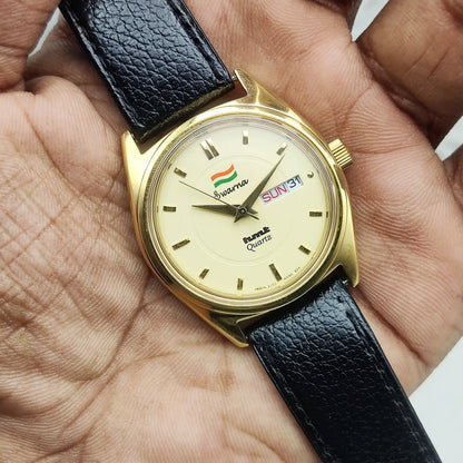 HMT Swarna Day Date Watch - Experience Timeless Elegance with a Goldenish Dial