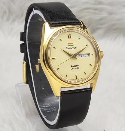 HMT Swarna Quartz Day Date Goldenish Dial