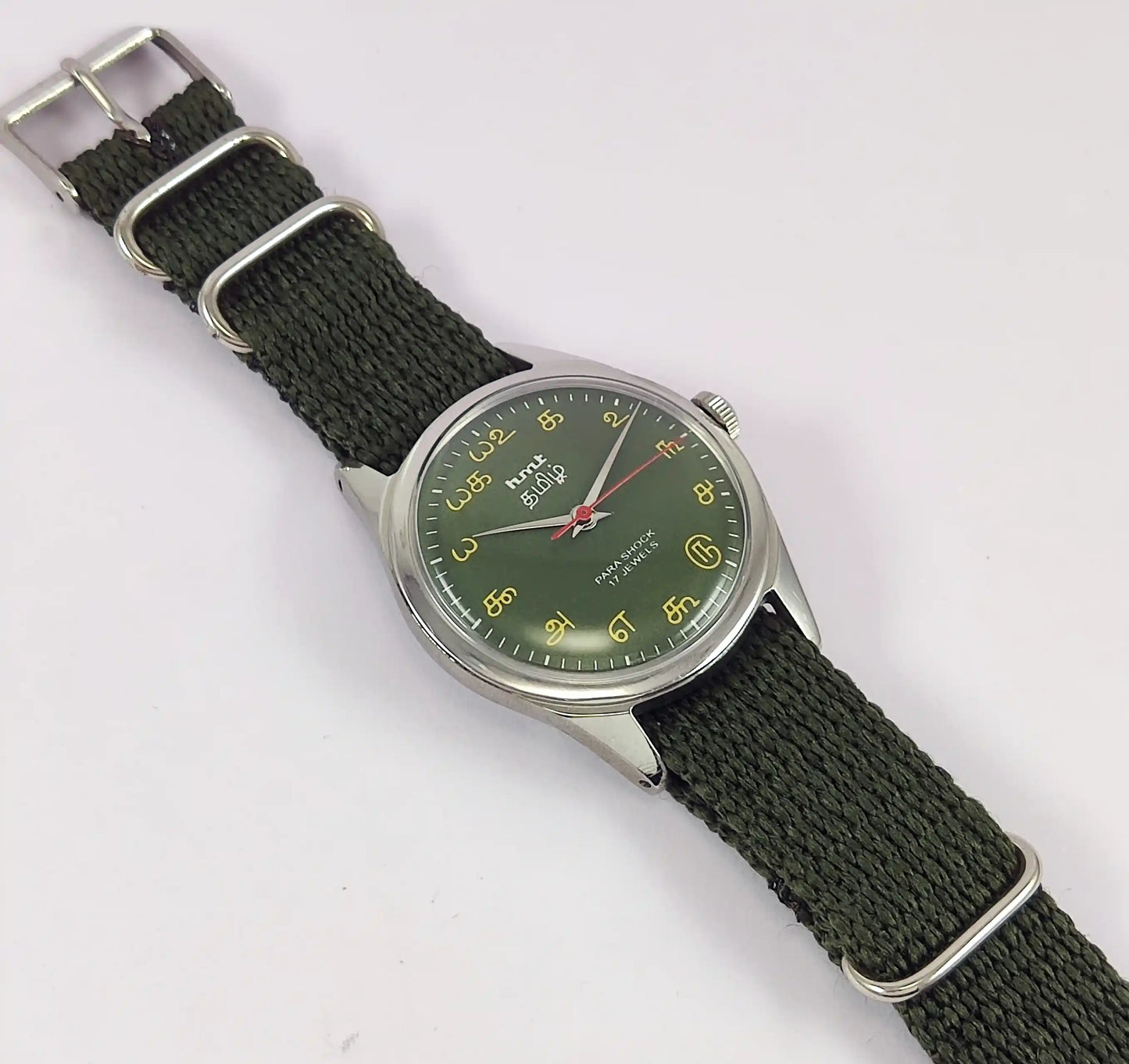 HMT Tamil Green Dial Para Shock 17 Jewels Handwinding Men's Watch 0231 Discover-Diamonds