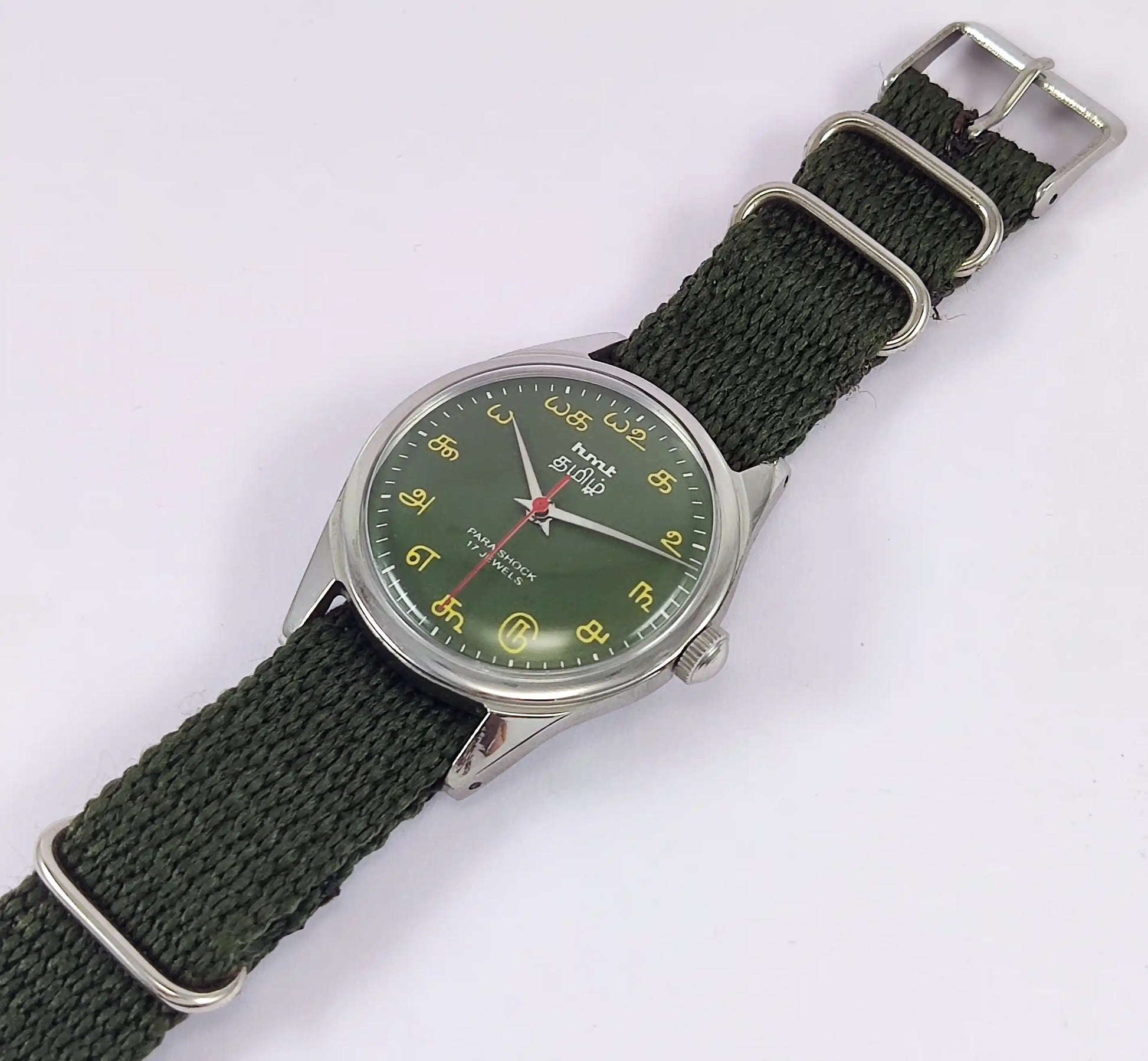 HMT Tamil Green Dial Para Shock 17 Jewels Handwinding Men's Watch 0231 Discover-Diamonds