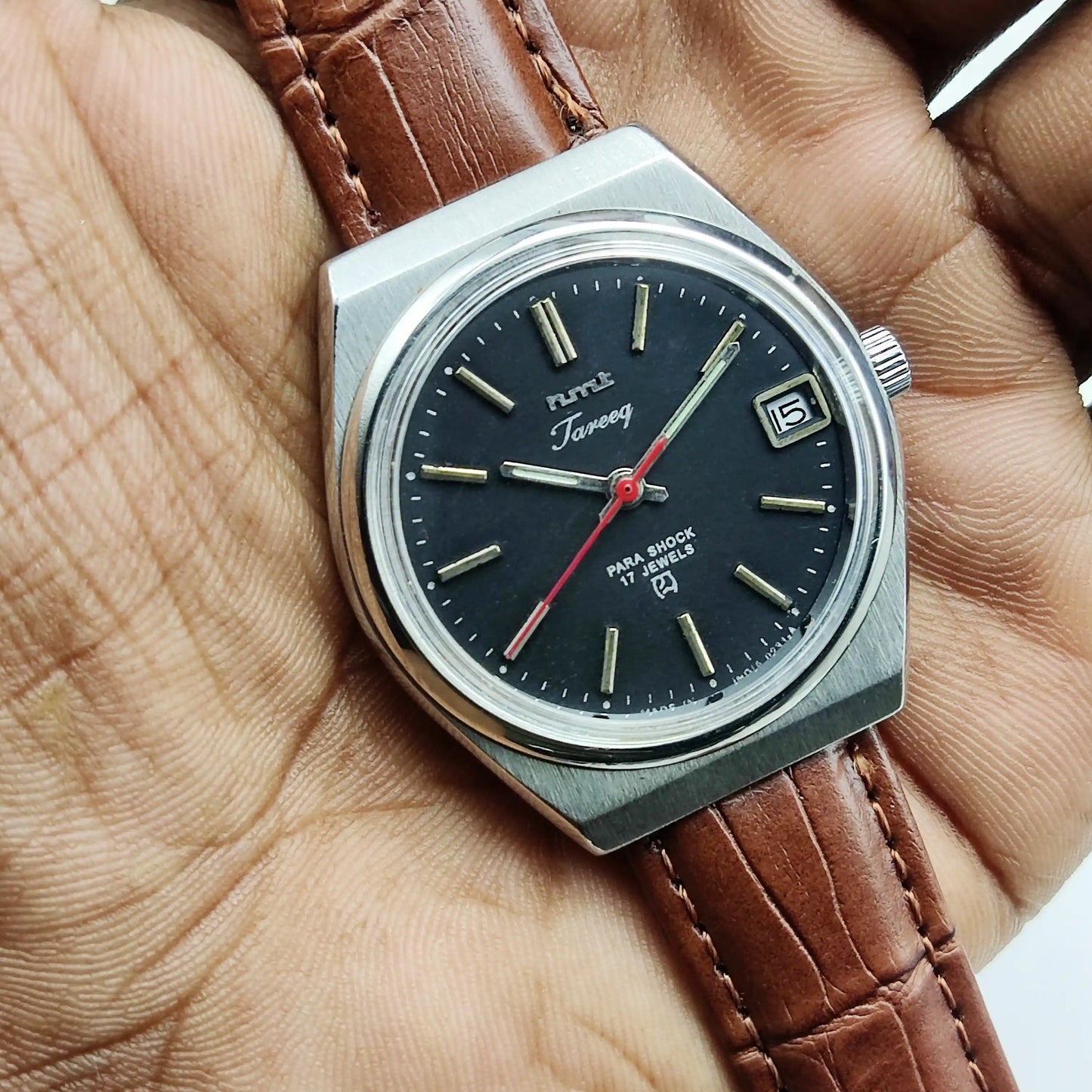 HMT Tareeq Para Shock Watch 17 Jewels Black Dial Stick Indices Date Feature