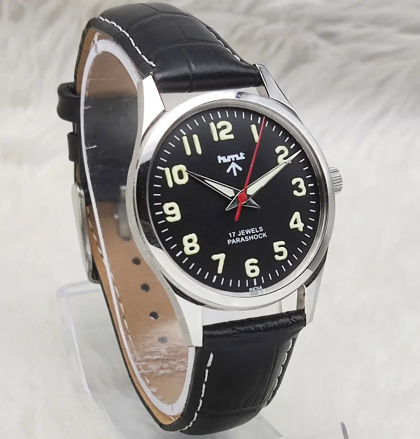 HMT Watch 17 Jewels Handwinding Black Dial With English Numerals Transparent Back