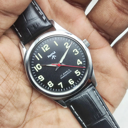 HMT Watch 17 Jewels Handwinding Black Dial With English Numerals Transparent Back