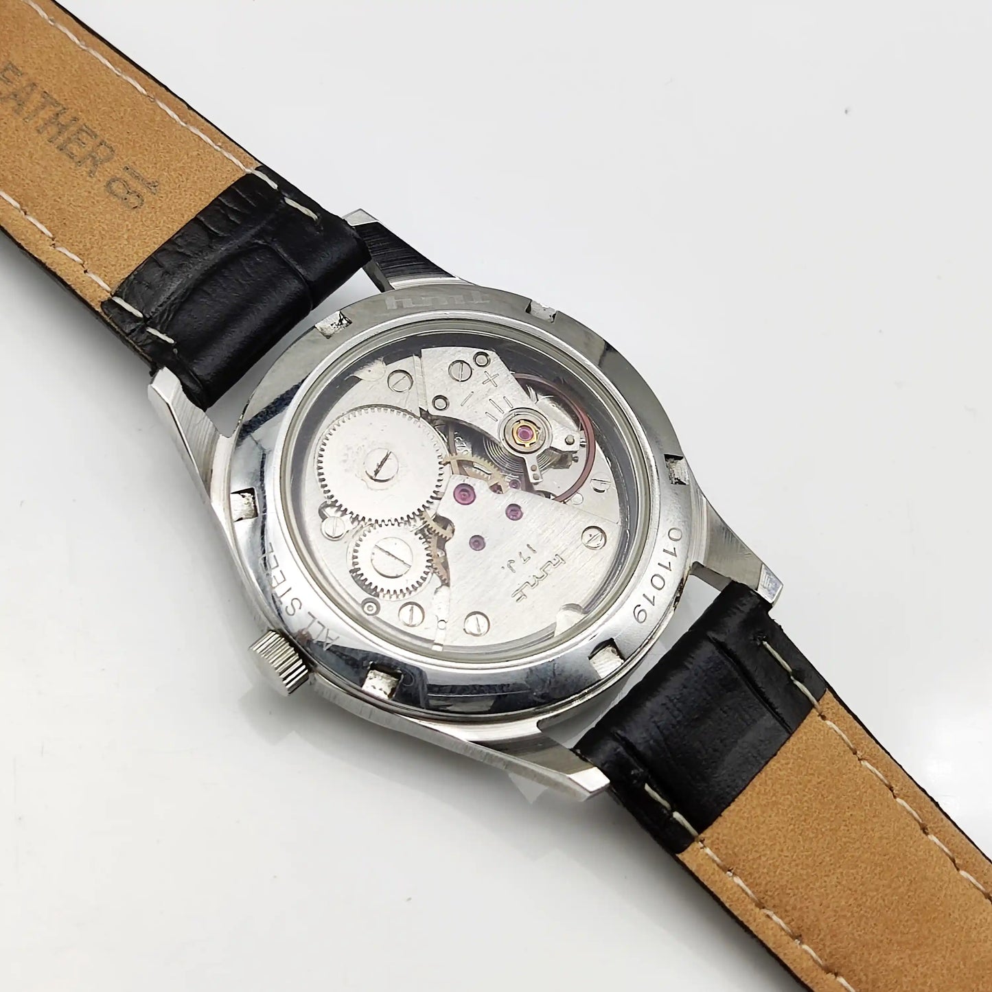 HMT Watch 17 Jewels Handwinding Black Dial With English Numerals Transparent Back