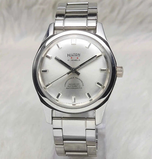 Hilton 17 Jewels Silver Dial Stick Indices Men's Watch Transparent Back
