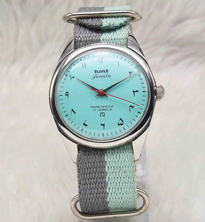 HMT Janata Turquoise Dial Arabic Font Mechanical Handwinding 17 Jewels Para Shock Men's Watch