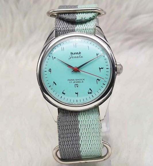 HMT Janata Turquoise Dial Arabic Font Mechanical Handwinding 17 Jewels Para Shock Men's Watch