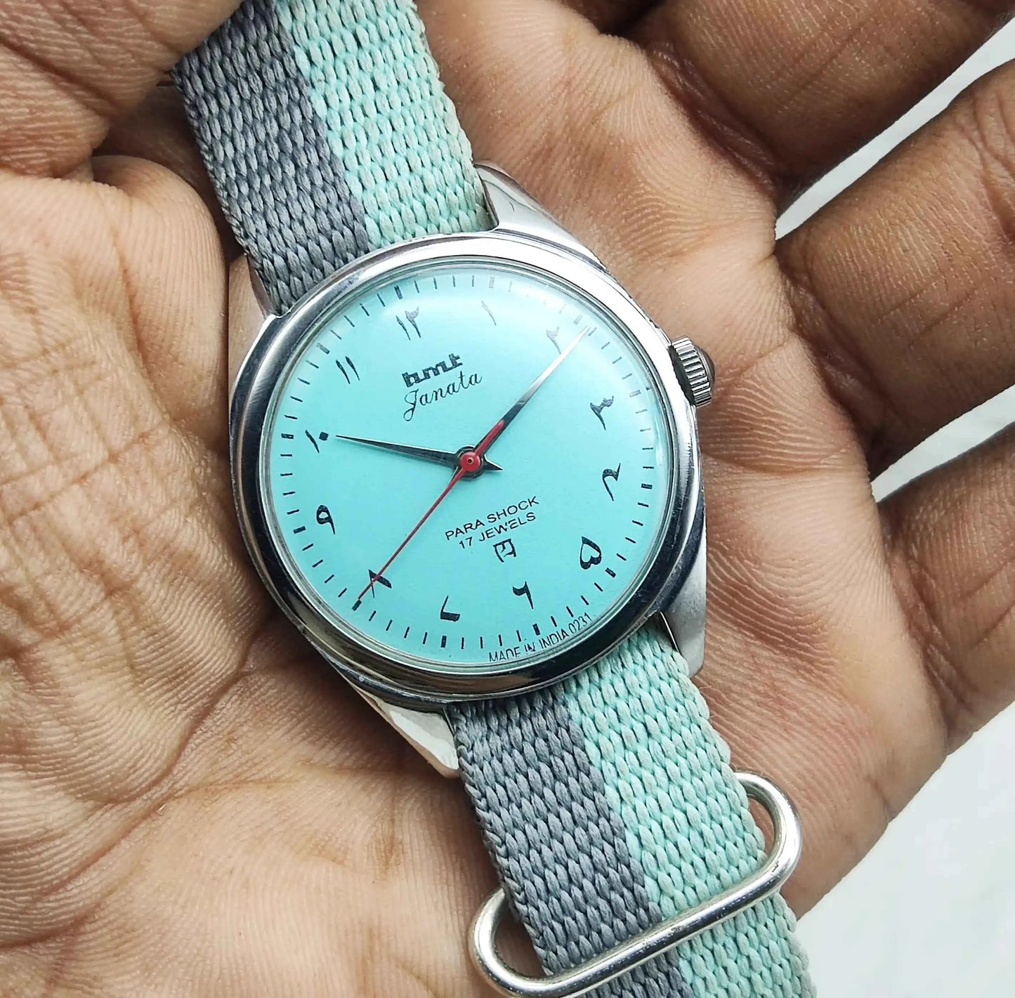 HMT Janata Turquoise Dial Arabic Font Mechanical Handwinding 17 Jewels Para Shock Men's Watch