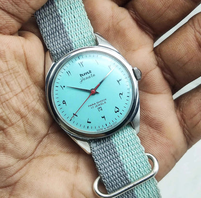 HMT Janata Turquoise Dial Arabic Font Mechanical Handwinding 17 Jewels Para Shock Men's Watch