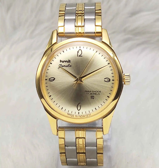 HMT Janata Handwinding 17 Jewels Para Shock Golden Dial Men's Watch Transparent Back