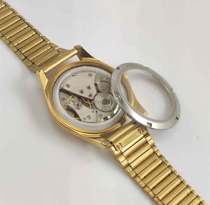 HMT Janata Red Dial Golden Case Transparent Back Men's Watch 0231 Discover-Diamonds