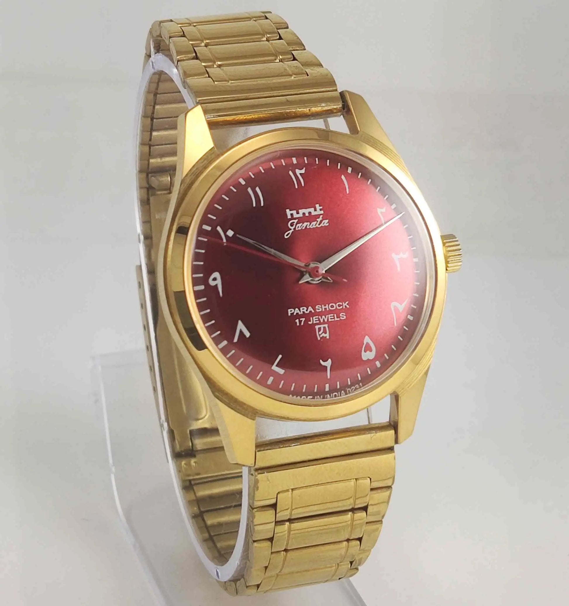 HMT Janata Red Dial Golden Case Transparent Back Men's Watch 0231 Discover-Diamonds