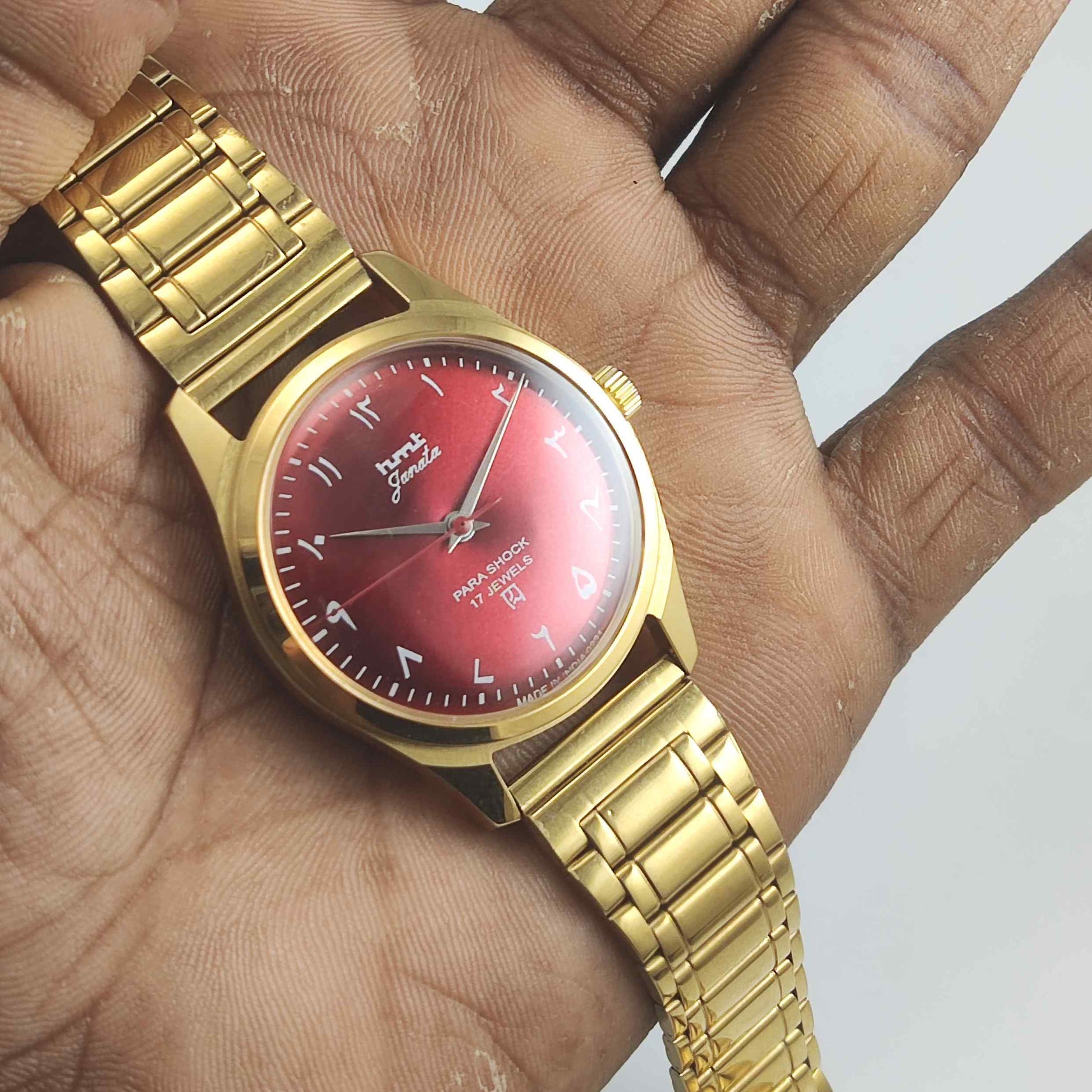 HMT Janata Red Dial Golden Case Transparent Back Men's Watch 0231 Discover-Diamonds