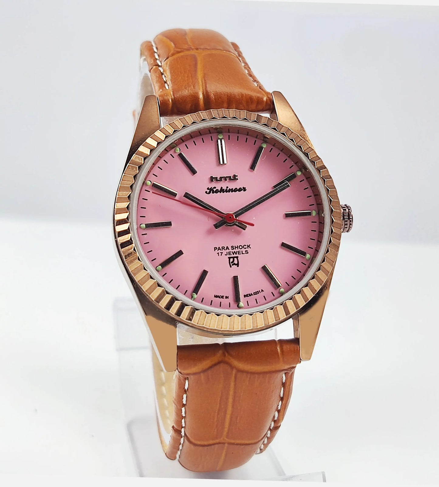 HMT Kohinoor Para Shock 17 Jewels Pink Dial Transparent Back Mechanical Hand winding Men's Wrist Watch Discover-Diamonds