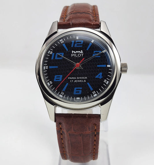 HMT Pilot Para Shock 17 Jewels Black Dial Transparent Back Mechanical Hand winding Men's Wrist Watch Discover-Diamonds