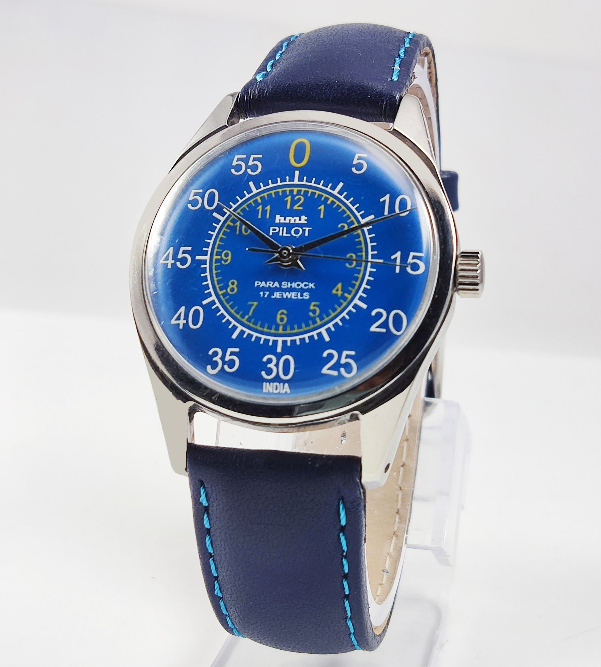 HMT Pilot Para Shock 17 Jewels Blue Dial Mechanical Hand winding Men's Wrist Watch Discover-Diamonds