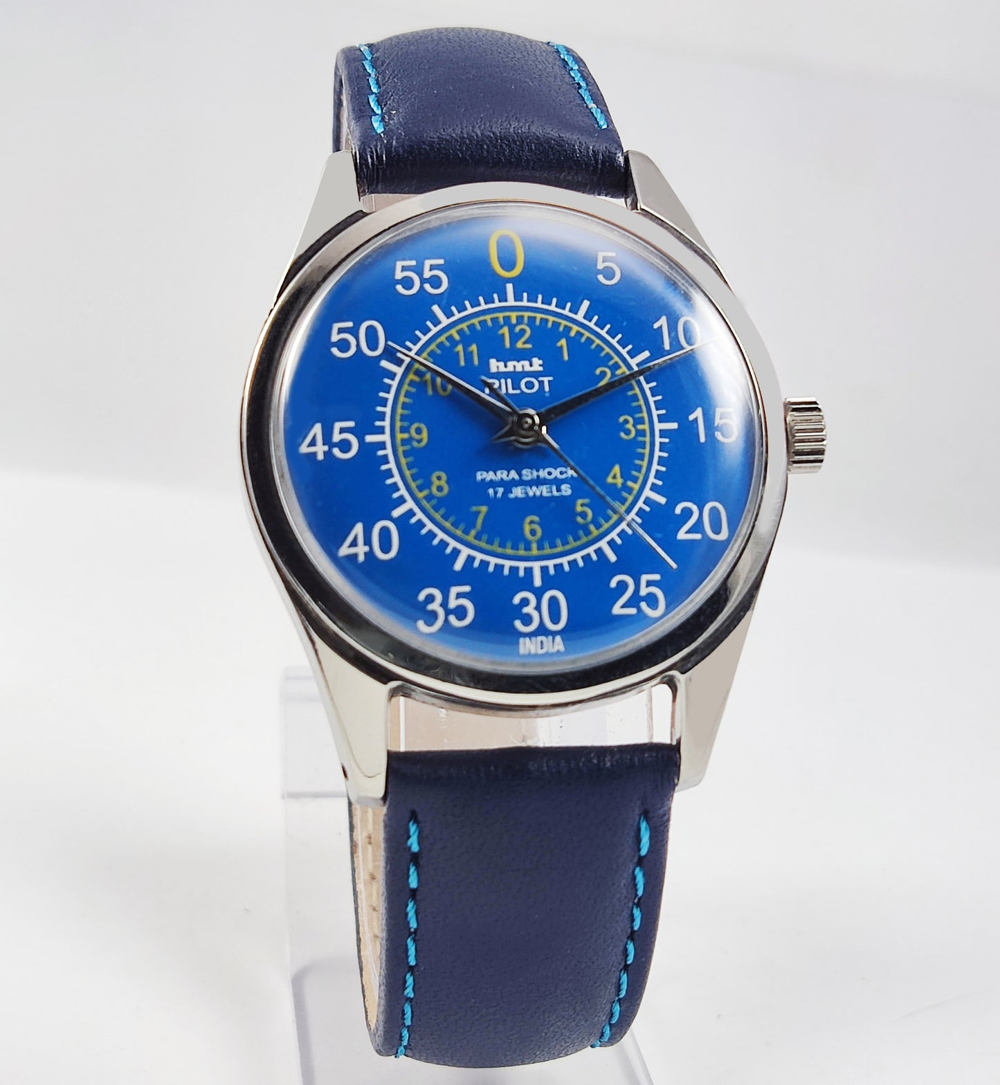 HMT Pilot Para Shock 17 Jewels Blue Dial Mechanical Hand winding Men's Wrist Watch Discover-Diamonds