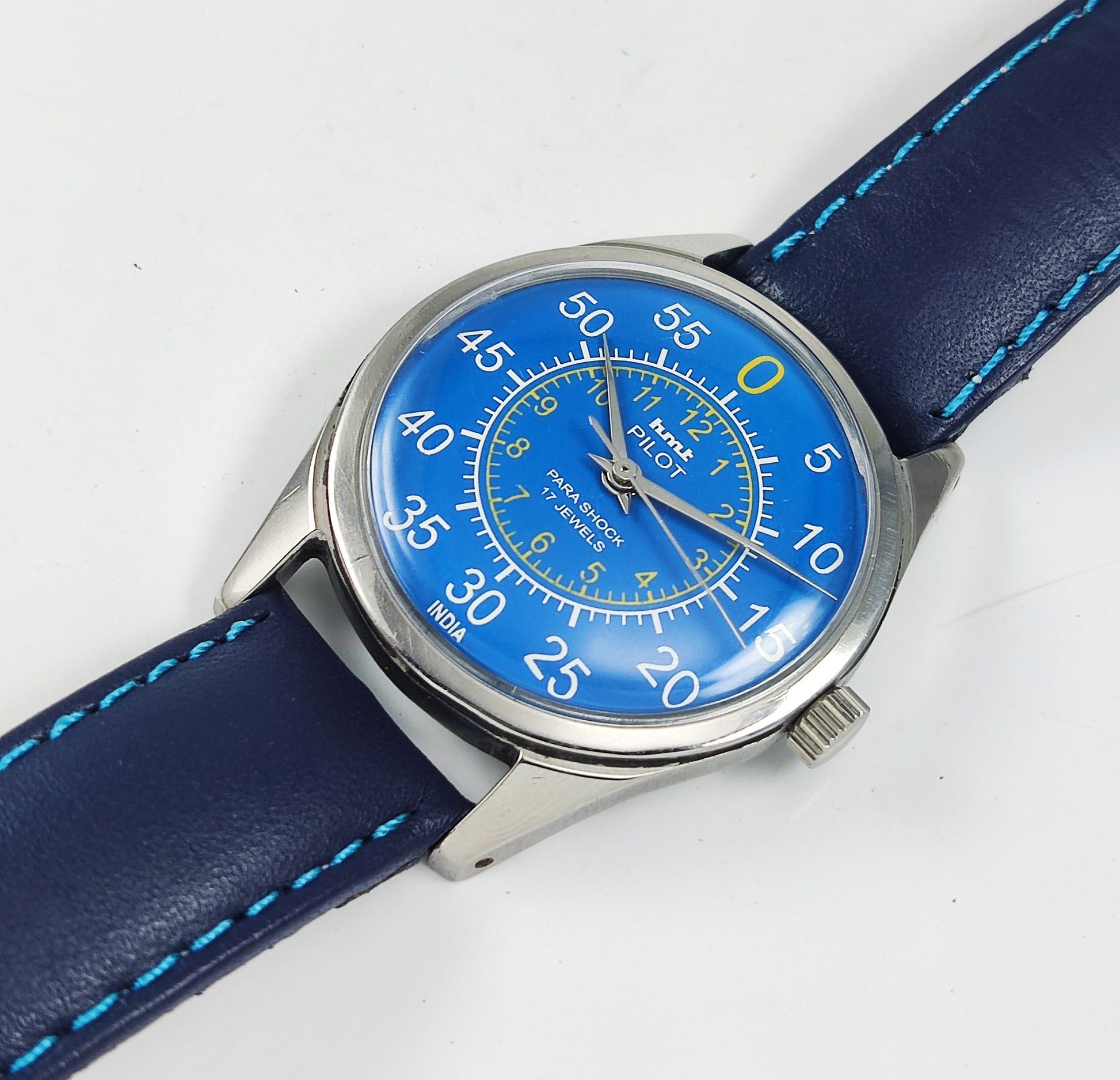 HMT Pilot Para Shock 17 Jewels Blue Dial Mechanical Hand winding Men's Wrist Watch Discover-Diamonds